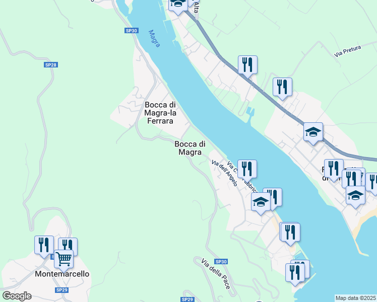 map of restaurants, bars, coffee shops, grocery stores, and more near 43-50 Via della Pace in Provincia della Spezia