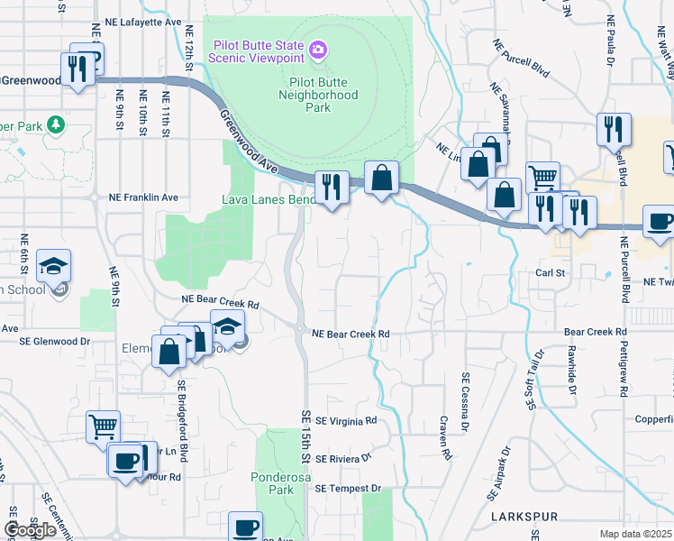 map of restaurants, bars, coffee shops, grocery stores, and more near 323 Northeast McCartney Drive in Bend