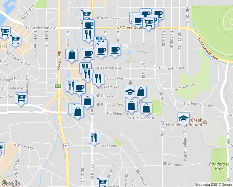 map of restaurants, bars, coffee shops, grocery stores, and more near 474 Northeast Clay Avenue in Bend