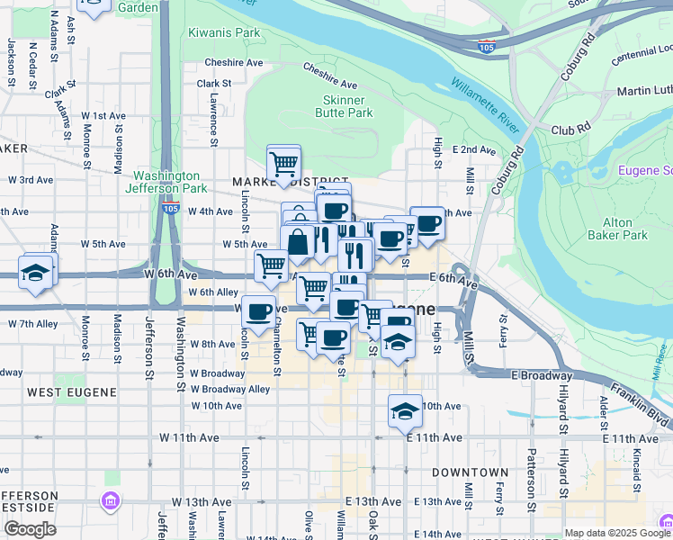 map of restaurants, bars, coffee shops, grocery stores, and more near 9 Oregon 99 in Eugene