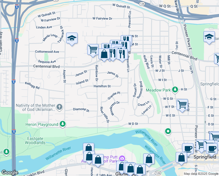 map of restaurants, bars, coffee shops, grocery stores, and more near 697 Hamilton Street in Springfield