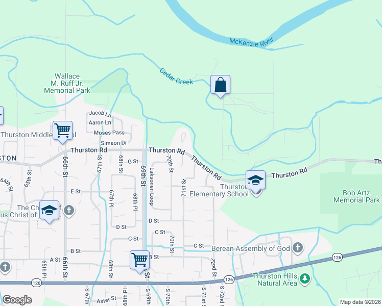 map of restaurants, bars, coffee shops, grocery stores, and more near 7090 Thurston Road in Springfield