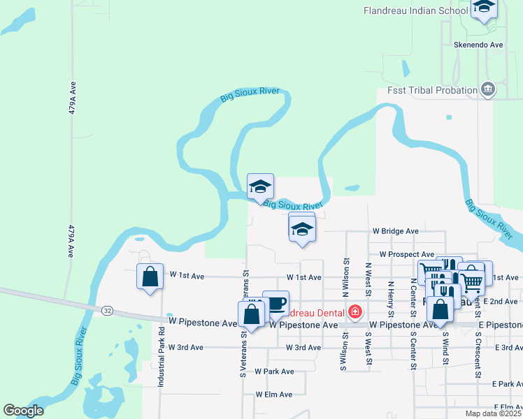 map of restaurants, bars, coffee shops, grocery stores, and more near 700 West Community Drive in Flandreau
