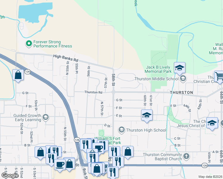map of restaurants, bars, coffee shops, grocery stores, and more near 5798 Thurston Road in Springfield