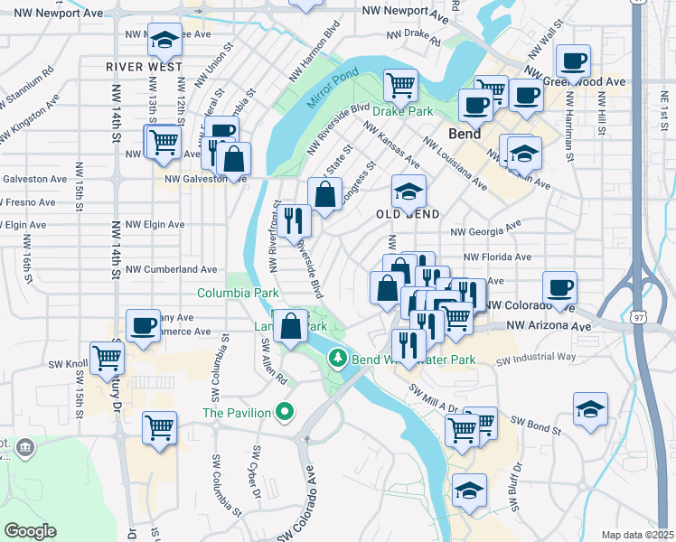 map of restaurants, bars, coffee shops, grocery stores, and more near 60 Northwest Shasta Place in Bend