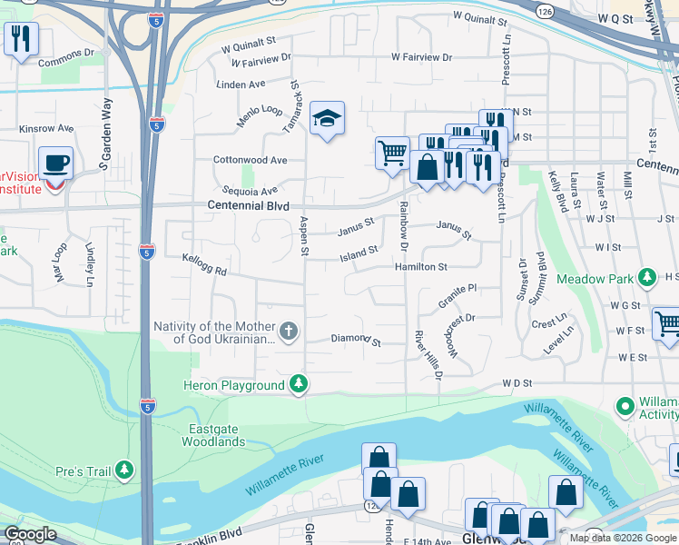 map of restaurants, bars, coffee shops, grocery stores, and more near 1050 Hamilton Street in Springfield
