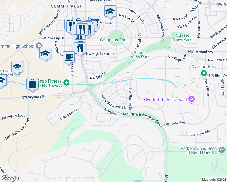 map of restaurants, bars, coffee shops, grocery stores, and more near 2418 Northwest Hosmer Lake Drive in Bend