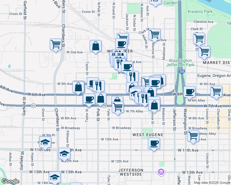 map of restaurants, bars, coffee shops, grocery stores, and more near 1093 West 6th Avenue in Eugene