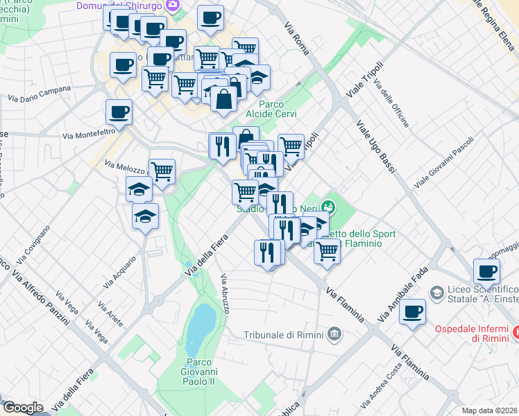 map of restaurants, bars, coffee shops, grocery stores, and more near 2c Via Bernardino Gueritti in Rimini