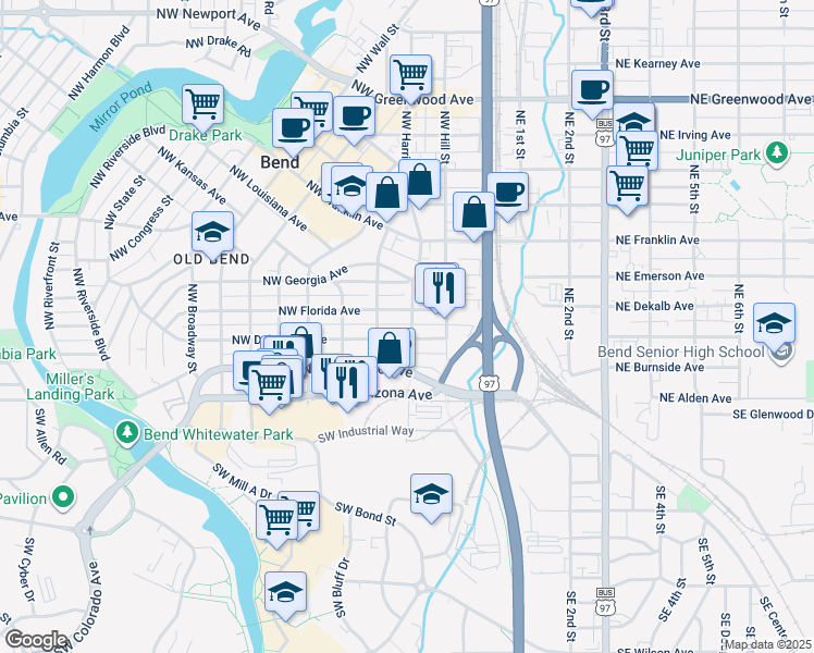 map of restaurants, bars, coffee shops, grocery stores, and more near 244 Northwest Delaware Avenue in Bend