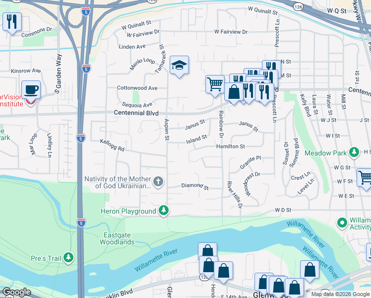 map of restaurants, bars, coffee shops, grocery stores, and more near 1050 Hamilton Street in Springfield