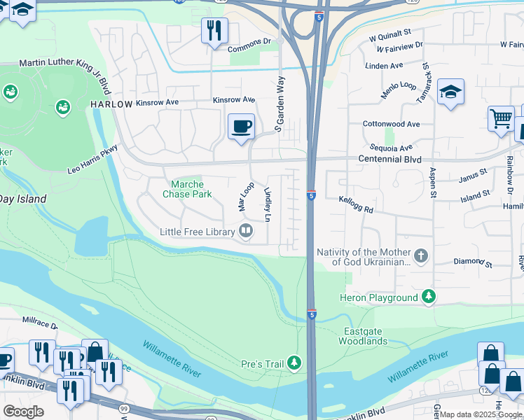 map of restaurants, bars, coffee shops, grocery stores, and more near 485 Lindley Lane in Eugene