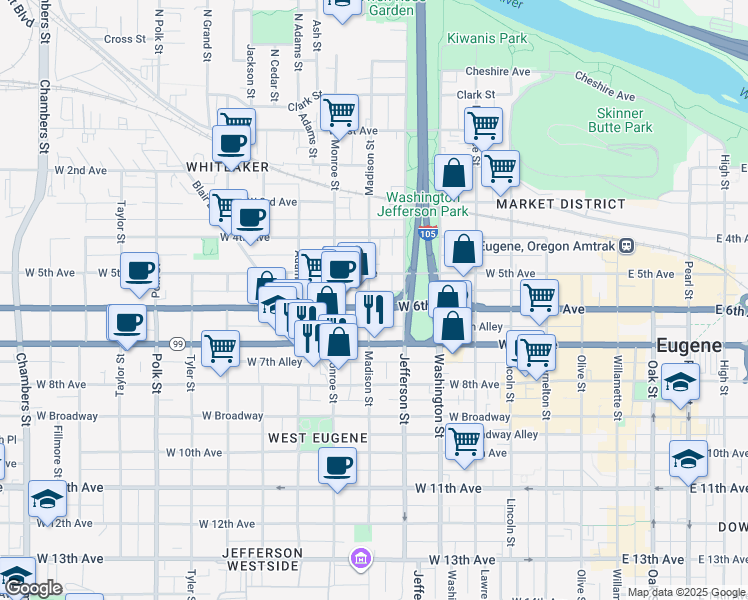 map of restaurants, bars, coffee shops, grocery stores, and more near 737 West 6th Avenue in Eugene