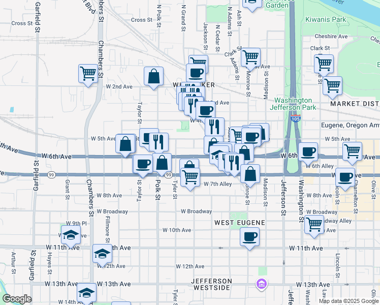 map of restaurants, bars, coffee shops, grocery stores, and more near 1093 West 6th Avenue in Eugene