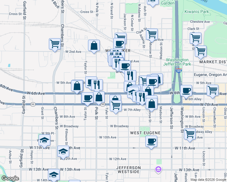 map of restaurants, bars, coffee shops, grocery stores, and more near 1093 West 6th Avenue in Eugene