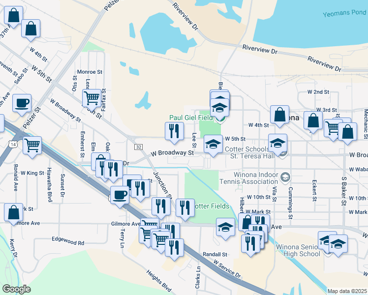 map of restaurants, bars, coffee shops, grocery stores, and more near 1432 West Broadway Street in Winona