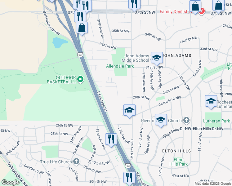 map of restaurants, bars, coffee shops, grocery stores, and more near 2801 19th Avenue Northwest in Rochester