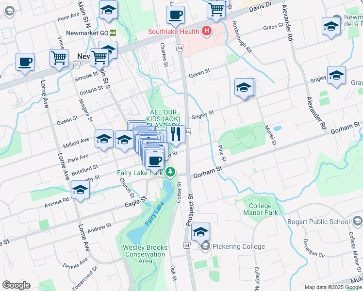 map of restaurants, bars, coffee shops, grocery stores, and more near 202 Prospect Street in Newmarket