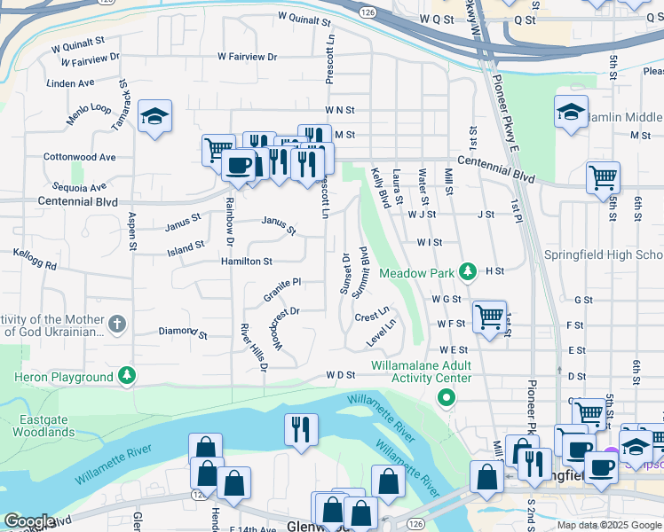 map of restaurants, bars, coffee shops, grocery stores, and more near 909 Prescott Lane in Springfield