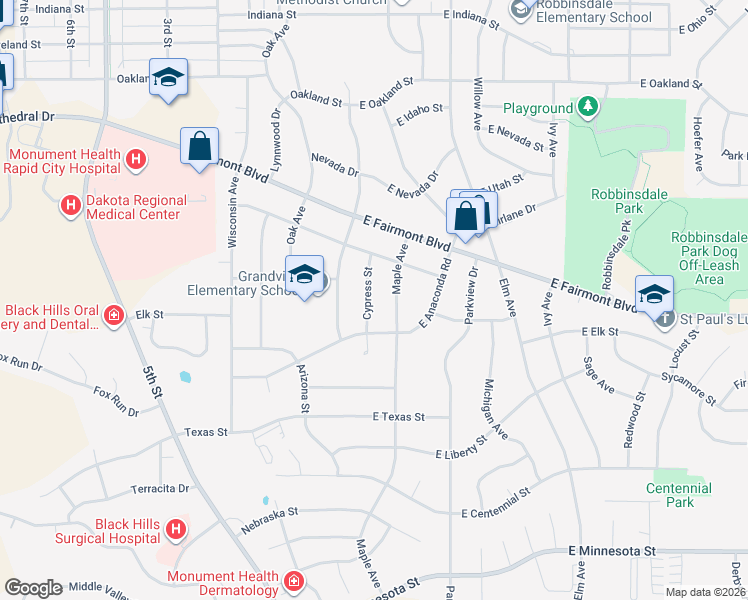 map of restaurants, bars, coffee shops, grocery stores, and more near 3320 Cypress Street in Rapid City