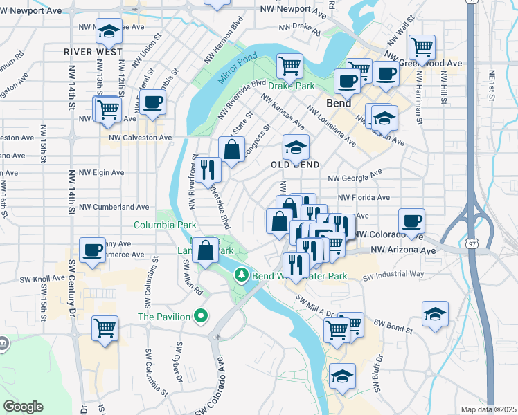 map of restaurants, bars, coffee shops, grocery stores, and more near 188 Northwest Jefferson Place in Bend