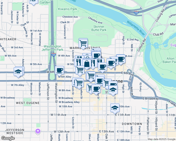 map of restaurants, bars, coffee shops, grocery stores, and more near 566 Olive Street in Eugene
