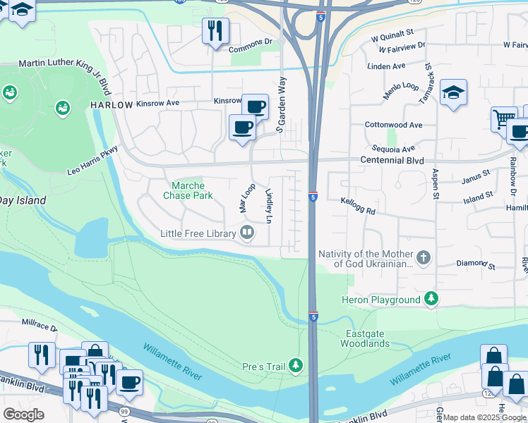 map of restaurants, bars, coffee shops, grocery stores, and more near 485 Lindley Lane in Eugene