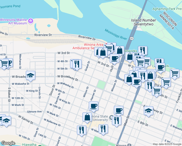 map of restaurants, bars, coffee shops, grocery stores, and more near 217 Wilson Street in Winona