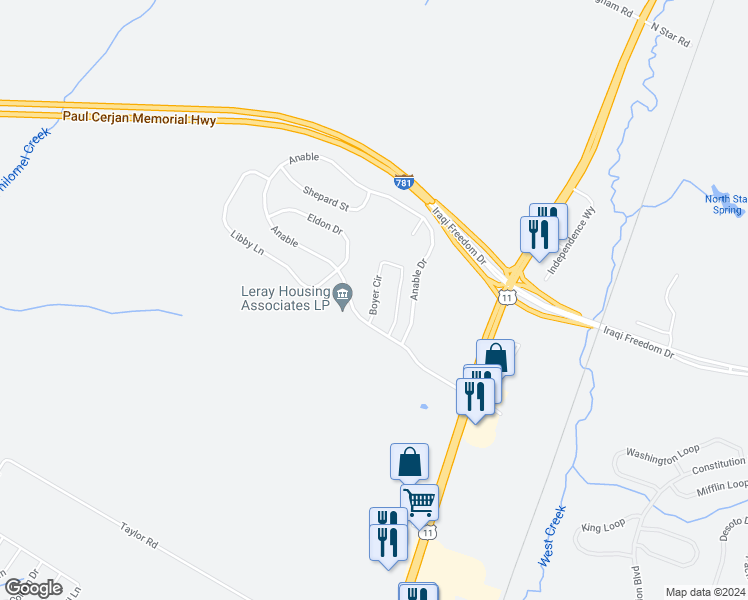 map of restaurants, bars, coffee shops, grocery stores, and more near 2000 Boyer Circle in Evans Mills