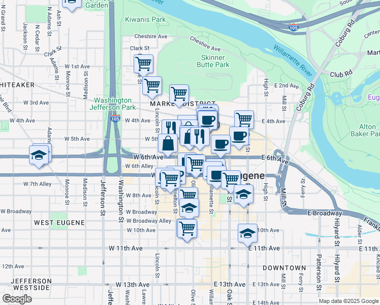 map of restaurants, bars, coffee shops, grocery stores, and more near 566 Olive Street in Eugene