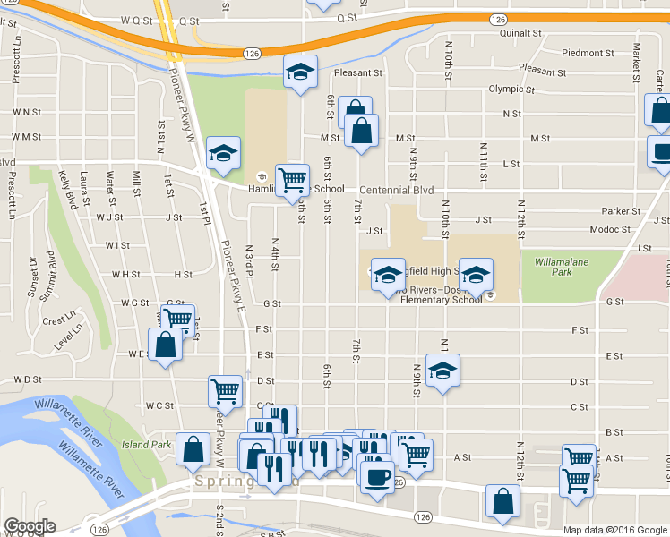 map of restaurants, bars, coffee shops, grocery stores, and more near 909 6th Street in Springfield