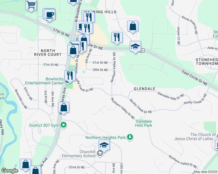 map of restaurants, bars, coffee shops, grocery stores, and more near 2807 Northern Valley Drive Northeast in Rochester