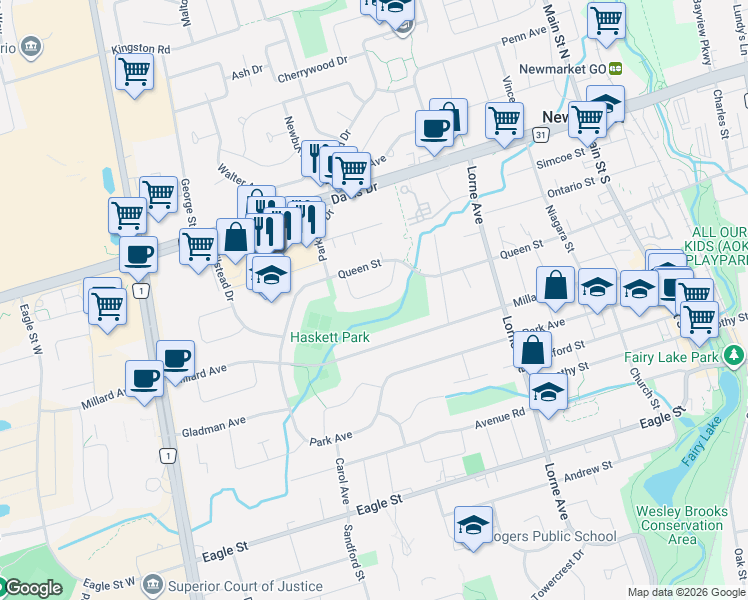 map of restaurants, bars, coffee shops, grocery stores, and more near 206 Parkview Crescent in Newmarket