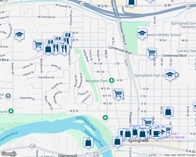 map of restaurants, bars, coffee shops, grocery stores, and more near 258 West H Street in Springfield