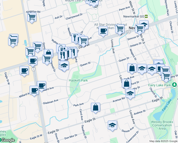 map of restaurants, bars, coffee shops, grocery stores, and more near 210 Parkview Crescent in Newmarket