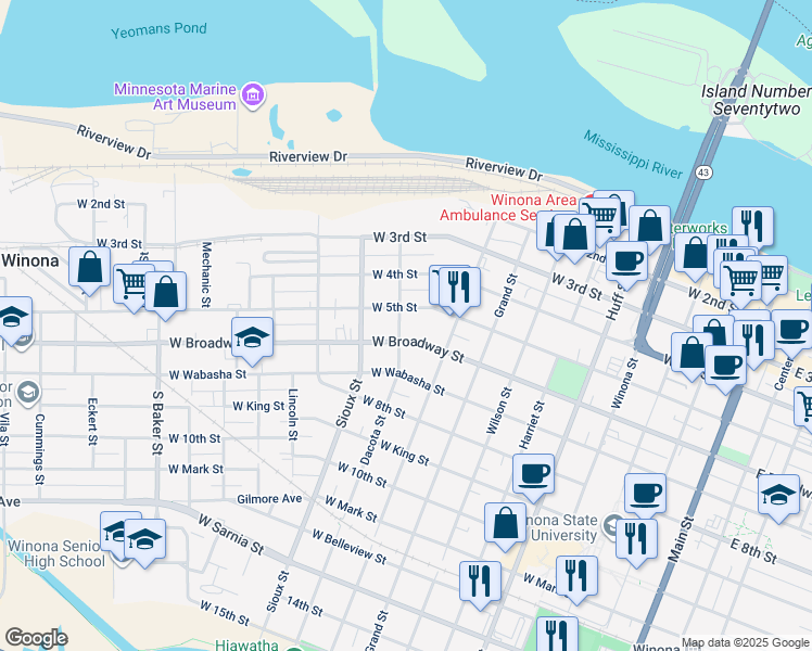 map of restaurants, bars, coffee shops, grocery stores, and more near 264 Mc Bride Street in Winona