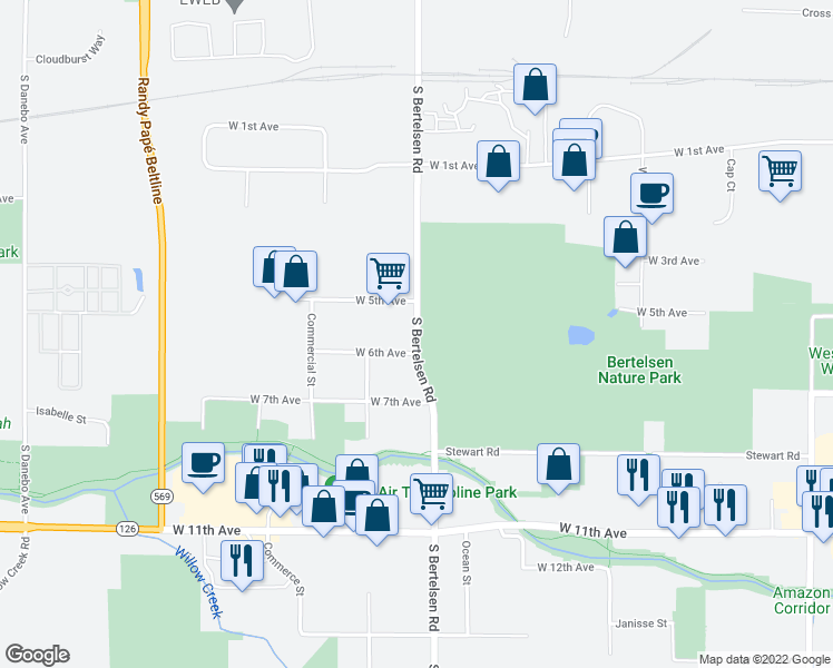 map of restaurants, bars, coffee shops, grocery stores, and more near 520 S Bertelsen Rd in Eugene