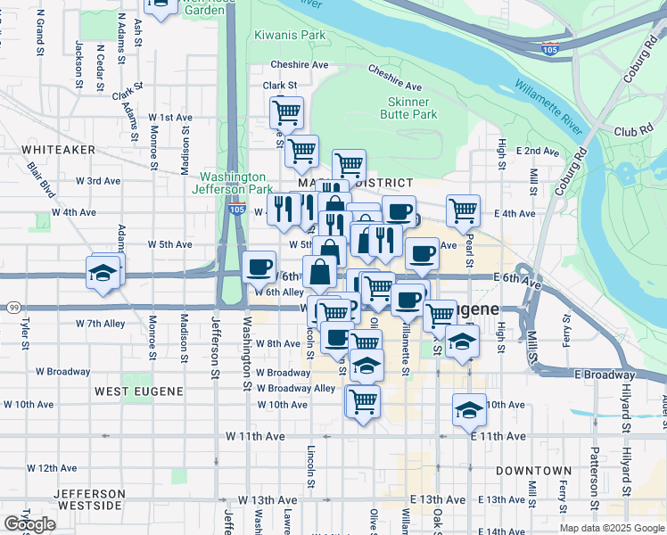 map of restaurants, bars, coffee shops, grocery stores, and more near 211 West 6th Avenue in Eugene