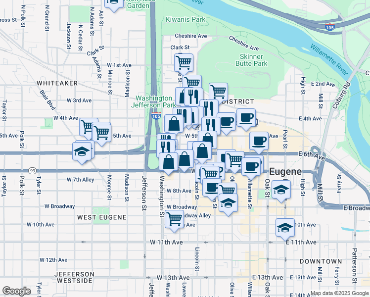 map of restaurants, bars, coffee shops, grocery stores, and more near 345 West 6th Avenue in Eugene