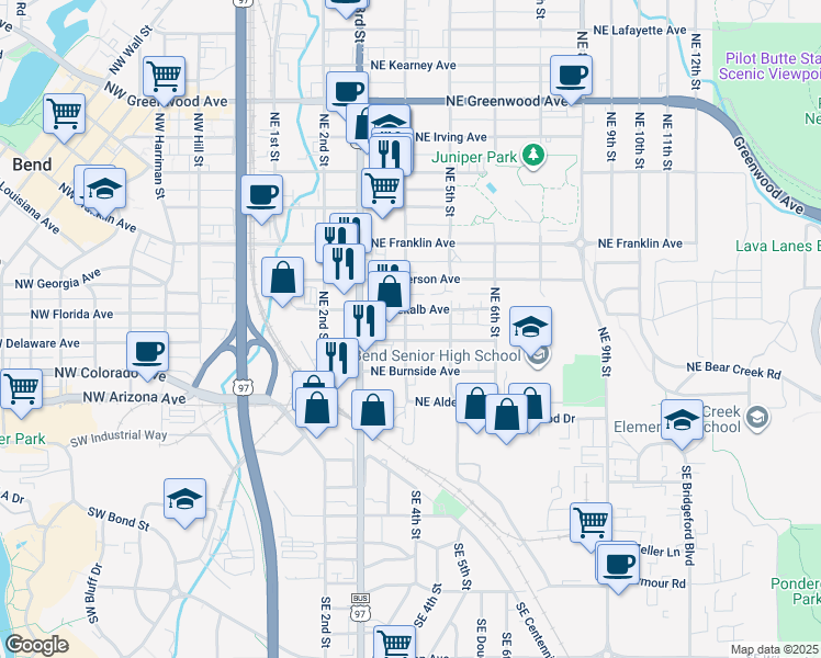 map of restaurants, bars, coffee shops, grocery stores, and more near 312 Northeast 4th Street in Bend