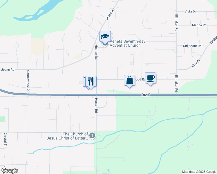 map of restaurants, bars, coffee shops, grocery stores, and more near 25694 Wildwood Road in Veneta