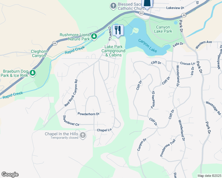 map of restaurants, bars, coffee shops, grocery stores, and more near 3205 Kirkwood Drive in Rapid City