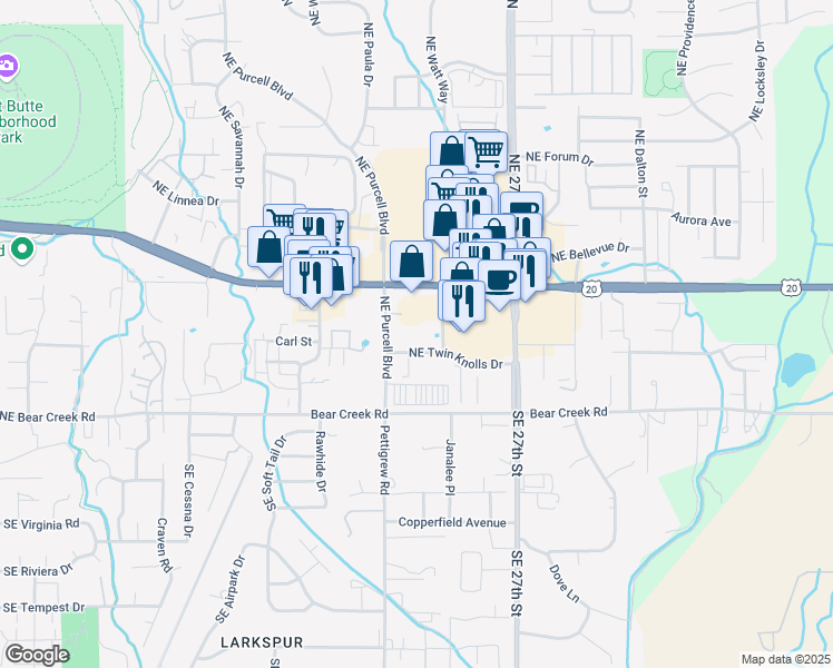 map of restaurants, bars, coffee shops, grocery stores, and more near 2480 Northeast Twin Knolls Drive in Bend