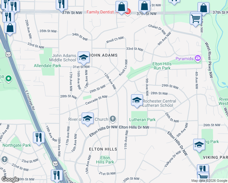 map of restaurants, bars, coffee shops, grocery stores, and more near 2711 12th Avenue Northwest in Rochester
