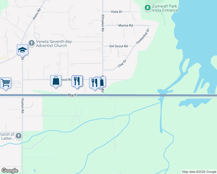 map of restaurants, bars, coffee shops, grocery stores, and more near 88239 Ellmaker Road in Veneta