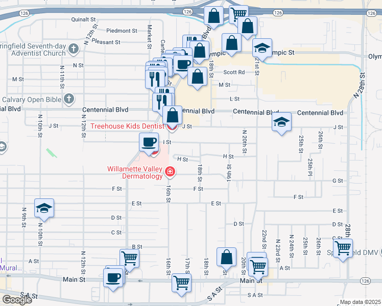 map of restaurants, bars, coffee shops, grocery stores, and more near 1704 H Street in Springfield