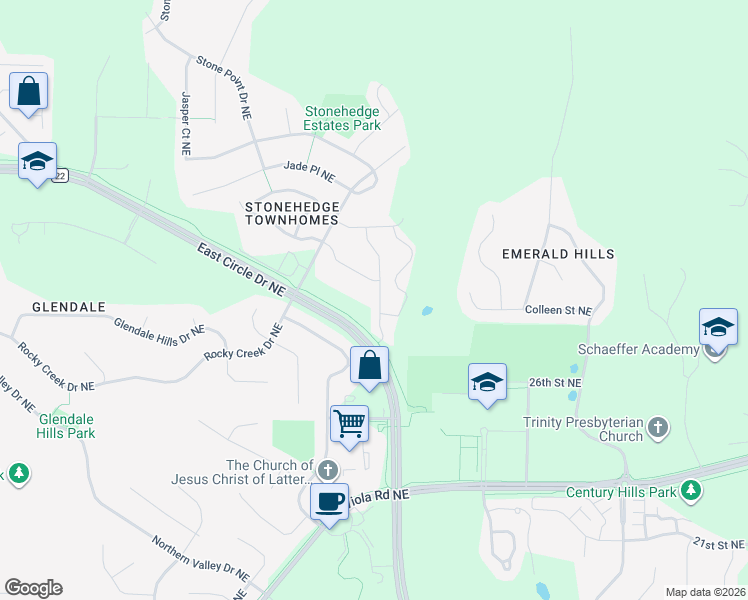 map of restaurants, bars, coffee shops, grocery stores, and more near 2939 Ivory Road Northeast in Rochester
