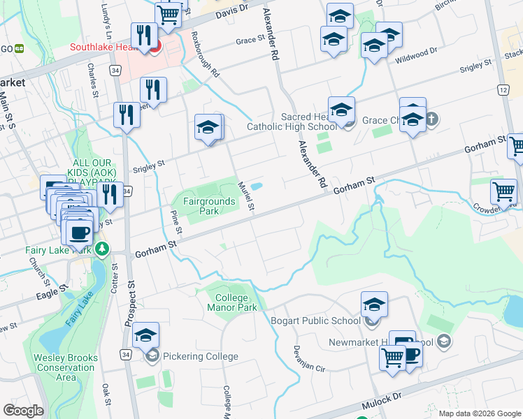 map of restaurants, bars, coffee shops, grocery stores, and more near 741 Gorham Street in Newmarket