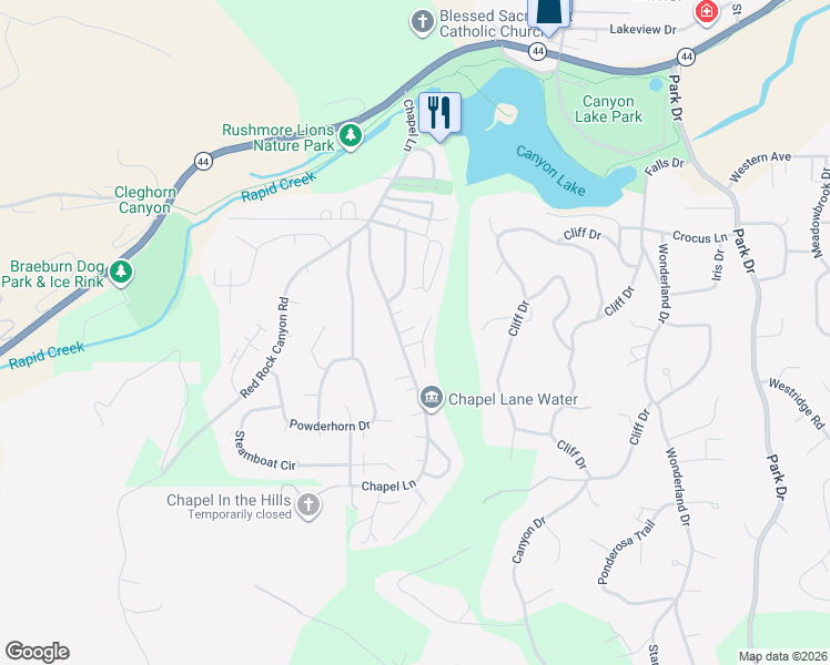map of restaurants, bars, coffee shops, grocery stores, and more near 3205 Kirkwood Drive in Rapid City