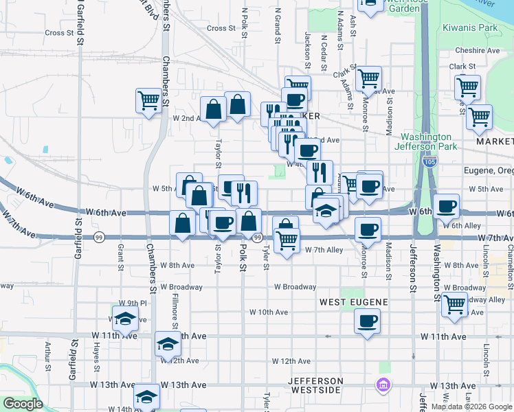 map of restaurants, bars, coffee shops, grocery stores, and more near 1247 West 6th Avenue in Eugene